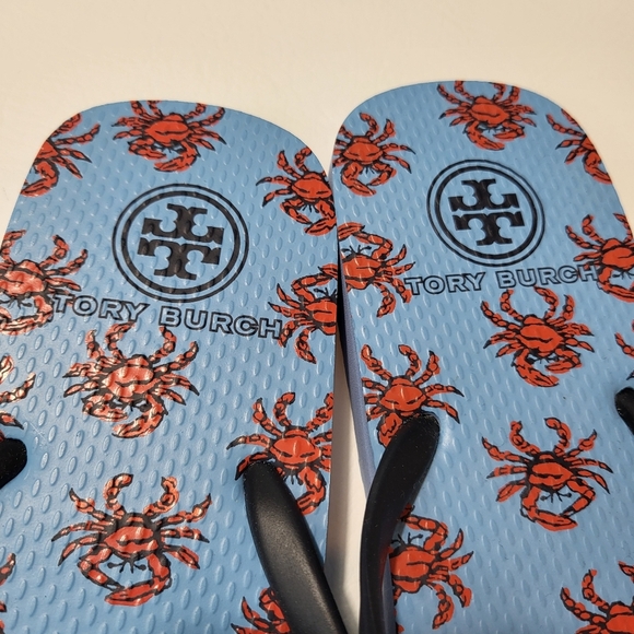 Tory Burch Flip Flops Blue Red Crab Print Gold Tone Logo Size 9 New Without Tags - Picture 5 of 10